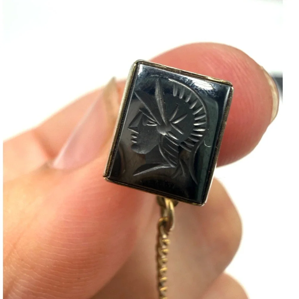 Vintage Hematite Intaglio Centurion Tie Tack Gold Tone Roman Soldier Jewelry